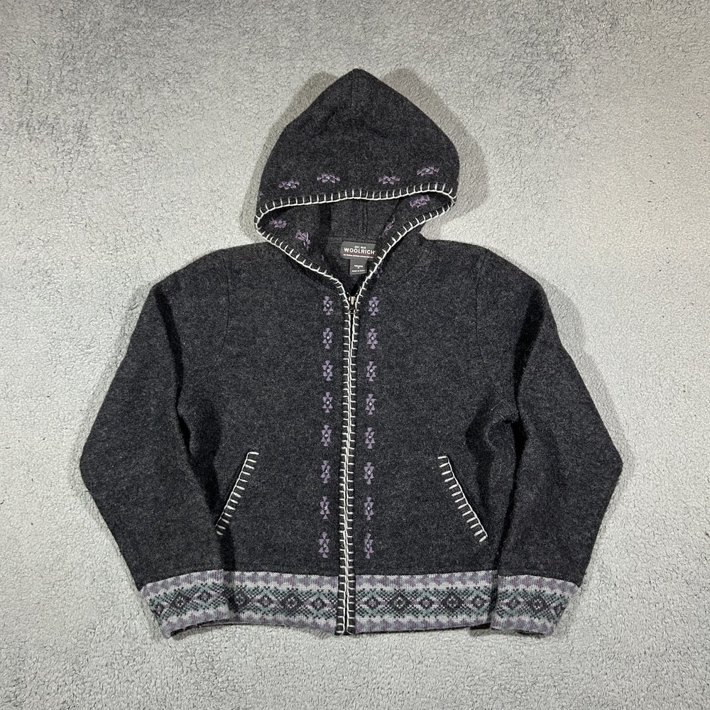 Vintage Woolrich Gray Wool Sweater Jacket Womens Small Hooded Zip Up #3785